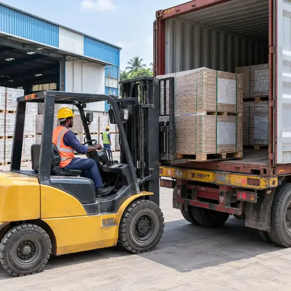 Tile boxes being loaded for dispatch from Morbi